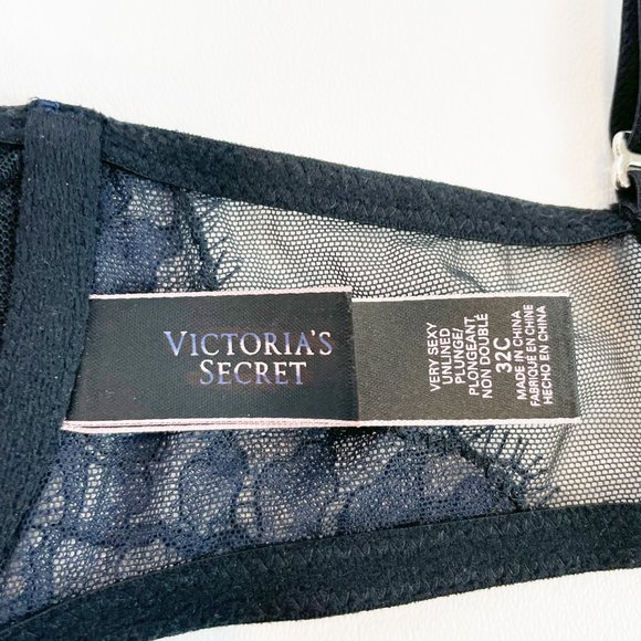NWOT Victoria's Secret Bra 32C Very Sexy Unlined Plunge Black Blue Lace Shimmer - Picture 8 of 10